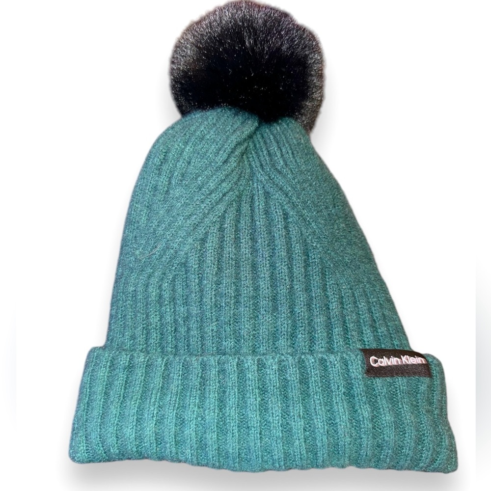 Calvin Klein Womens Cold Weather Faux Fur Pom Pom Ribbed Beanie Hat